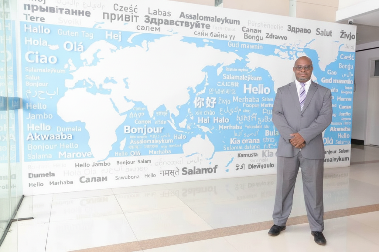 Theon Alleyne, founder of No USA Visa Travel, standing before a wall of greetings from around the world